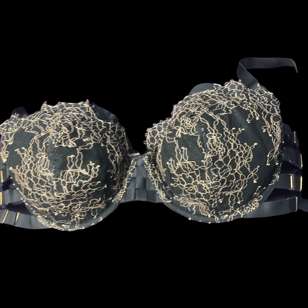 Victoria's Secret VS Strappy Unlined Demi sheer black mesh gold lace 34DD